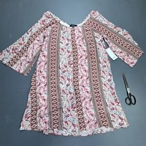 NAIF Boho Peasant Top Women's S Pink Paisley Print Cold Shoulder Festival NWT